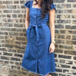 Chambray Belted Midi Dress Ruffle Sleeve Raw Hem